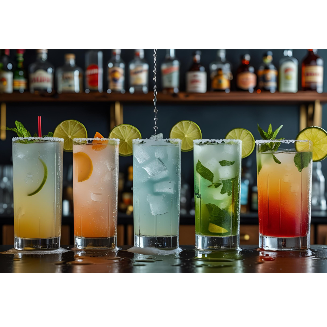 Cocktails banner image of drinks in glass on a bar counter.
